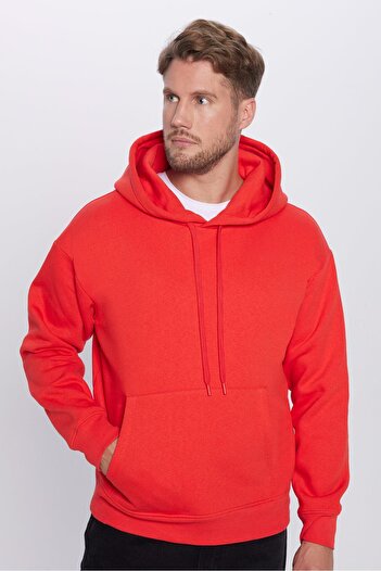 Tudors Unisex Oversize Geniş Kesim Pamuklu Yumuşak Dokulu Içi Polarlı Basic Nar Renk Kapüşonlu Sweatshirt