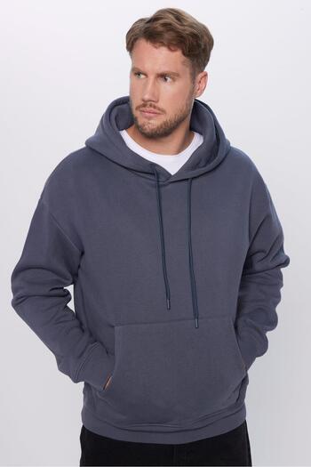 Tudors Unisex Oversize Wide Cut Cotton Soft Textured Basic Gray Hooded Sweatshirt with Fleece Inside