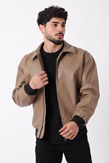 Stilkombin Collared Faux Leather Coat with Elastic Waist Arw_50376