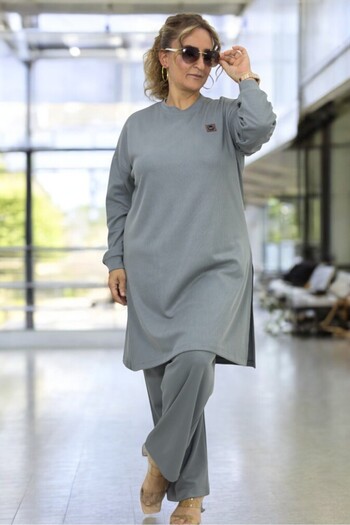 yagmurberen Large Size Double Knitwear Set - Ribbed Knitwear, Slit Detailed Tunic and Elastic Waist Trousers