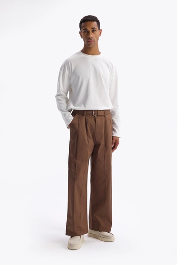 GIESTO Brown Belted Fabric Trousers