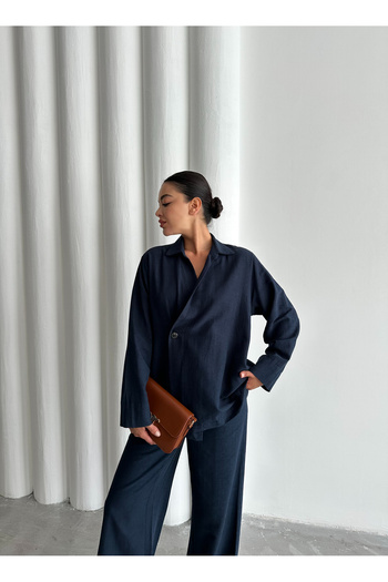Laluvia Navy Blue 100% Cotton Double Breasted Closure Single Button Kimono Pants Set