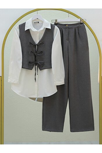 Modamorfo Smoke Colored Linen Set - Lace-Up Shirt, Vest and Trousers