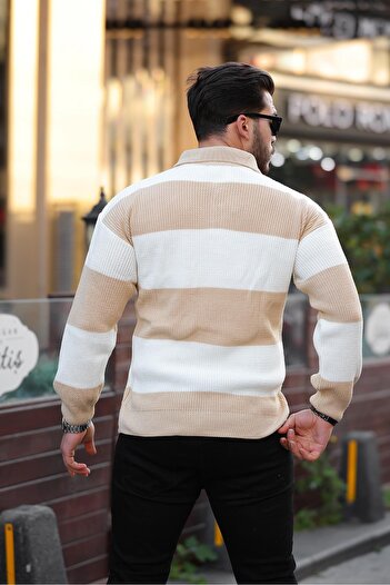 Valiberta Πλεκτό πουλόβερ με κουμπιά Polo Neck Half Oversize ριγέ - Μπεζ