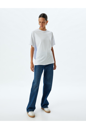 Koton Ασύμμετρο κοντομάνικο μπλουζάκι Comfortable Fit Cotton Crew Neck