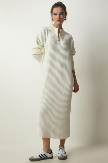 Lovelyİstanbul Oversize Ribbed Knitwear Dress - Bone Ldd0053