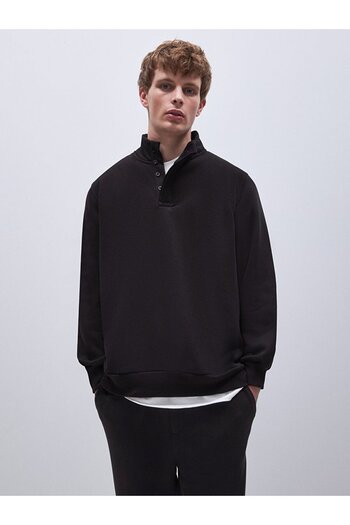 Ltb Straight Stand Collar Long Sleeve Regular Fit Black Sweatshirt
