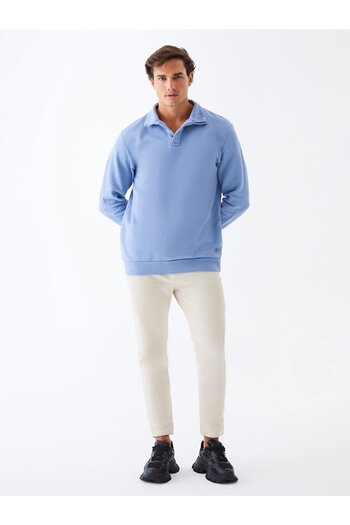 Ltb Straight Stand Collar Long Sleeve Regular Fit Blue Sweatshirt