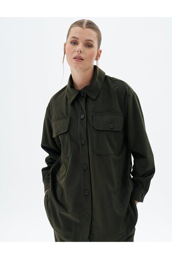 Kayra Khaki Velvet Set - Buttoned
