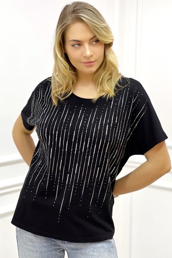 RICH GLAM Loose Cut Crew Neck Plus Size Crystal Stone Women's T-shirt