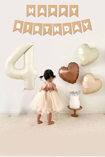 Atölye Mi 4 Year Old Happy Birthday Balloon Set - Cream Color, Kraft Banner, 3 Retro Heart Balloons