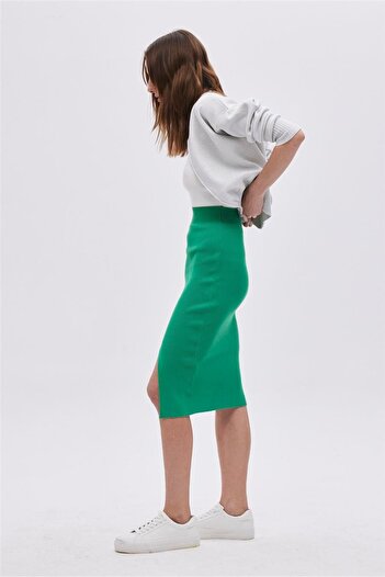 SHERIN Green Slit Midi Knitwear Skirt