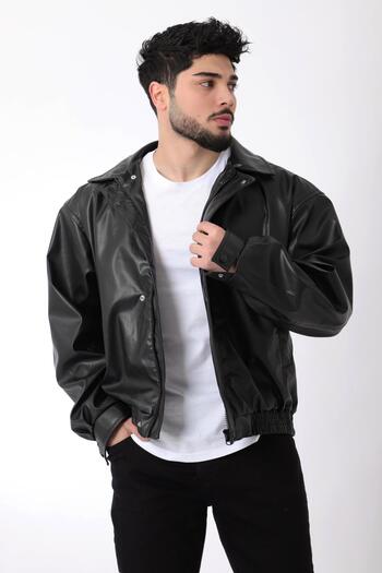 Stilkombin Oversize Elastic Waist Faux Leather Coat Arw-Ovr-50372