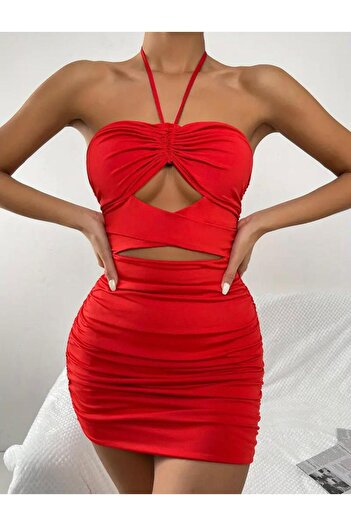 pink life Kırmızı Çapraz Boyun Askılı Halter Hollow Fold Mini Elbise