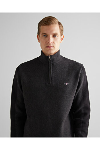 Gant Erkek Siyah Relaxed Fit Yarım Fermuarlı Renk Bloklu Kazak