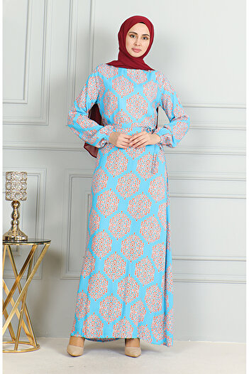 sefamerve Turquoise Tile Viscose Patterned Belted Dress - 0493-06