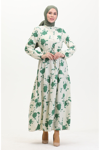 sefamerve Front Buttoned Lace up Patterned Dress 0516-02 Beige Emerald Green