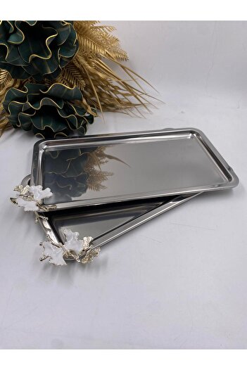 HELVACIOĞLU AKSESUAR 2-Piece Butterfly Stainless Metal Tea, Coffee Presentation Tray 33X18 cm