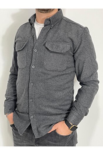 Sobe Hediyelik Winter Stamp Fabric Dark Gray Lumberjack Shirt Cotton