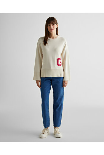 Gant Kadın Krem Oversize Fit Bisiklet Yaka Logolu Kazak