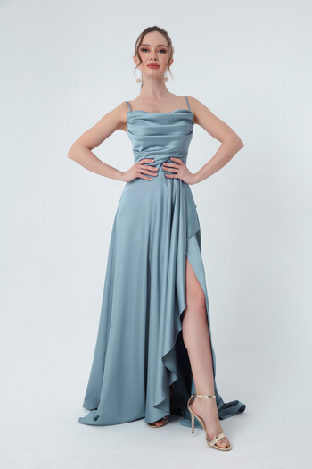 Lafaba Γυναικείο Βραδινό φόρεμα και αποφοίτηση Baby Blue Flounce Slit Satin