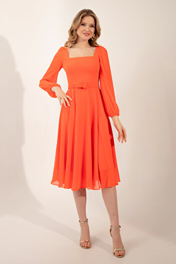 Lafaba Women's Orange Square Collar Belted Midi Chiffon Evening Dress