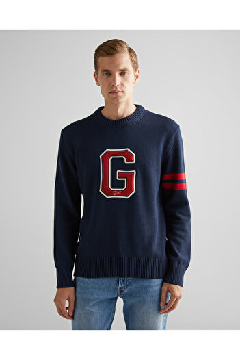 Gant Men's Navy Blue Relaxed Fit Crew Neck Logo Sweatshirt