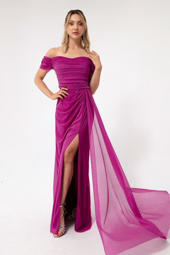 Lafaba Women's Fuchsia Boat Neck Draped Slit Long Glitter Evening Dress