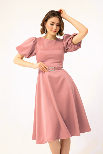 Lafaba Women's Pink Balloon Sleeve Stone Belted Mini Satin Evening Dress
