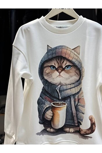 Fiori Cat Printed Crew Neck 3 Thread Raised Sweatshirt
