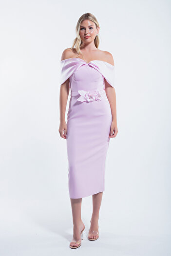 Lafaba Powder Colored Boat Neck Midi Figured Women's Evening Dress