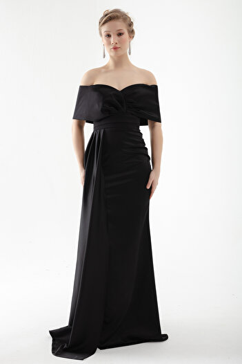 Lafaba Women's Black Boat Neck Slit Long Evening Dress