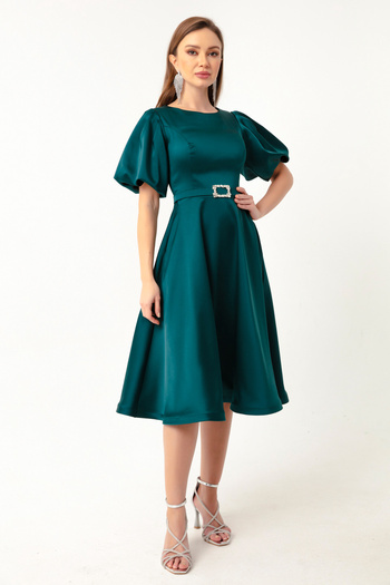 Lafaba Women's Petrol Balloon Sleeve Stone Belted Mini Satin Evening Dress