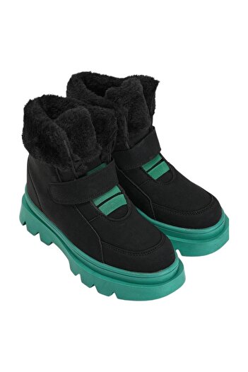 Liger Non-Slip Thick Sole Furry Velcro Children's Boots Black - Green