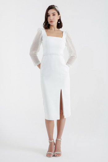 Lafaba Women's White Square Neck Belted Midi Evening Dress