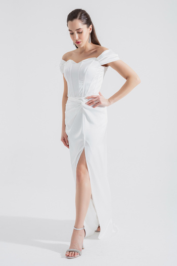Lafaba Women's White Underwire Corseted Long Satin Evening Dress