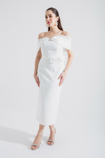 Lafaba Women's White Boat Neck Bow Midi Evening Dress