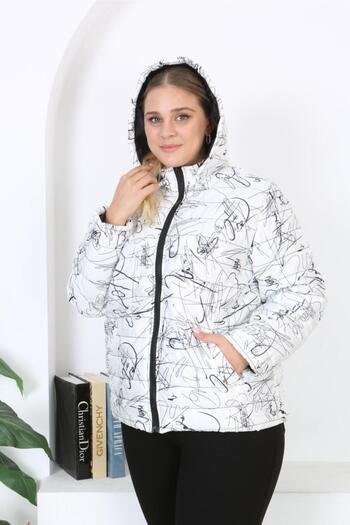 Şans Women's Large Size White Detachable Hooded Lacquer Printed Jacket with Pockets 65N38339