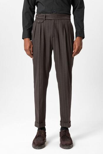 Antioch Brown High Waist Pleated Striped Men's Trousers