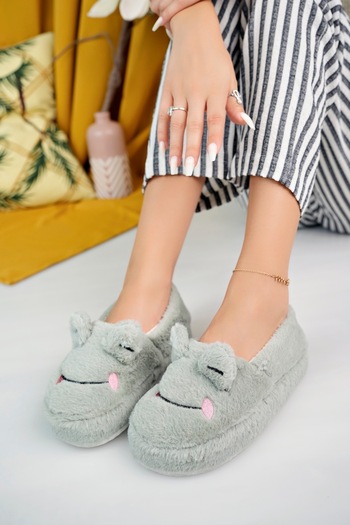 PANTOFİ SHOES Peludo-Kurbağa Figürlü Kaydırmaz Taban Yünlü Kadın Panduf-Ev Terliği