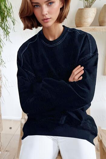Millionaire Navy Blue Stitching Detailed Women's Fleece Sweatshirt - 0 Crew Neck, Unprinted, Oversize Loose Cut