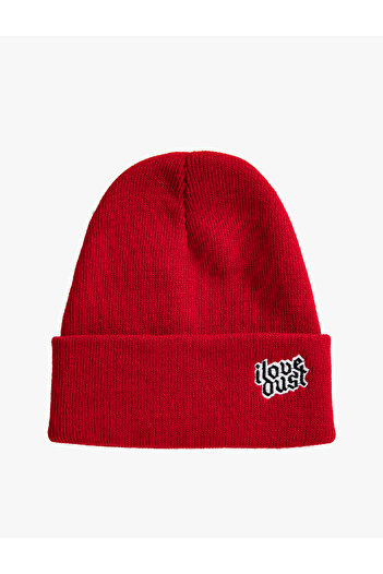 Koton Basic Knitted Beret With Slogan Embroidered Folding Detail