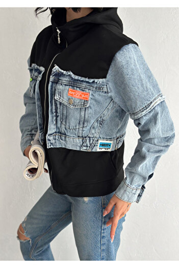 FEMELLE Women's Black Zippered Pocket Jeans Detailed Hooded Design Jacket