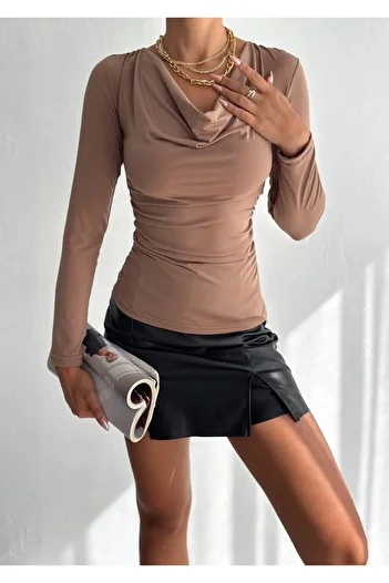 hazelin Beige Sandy Blouse - Degaje Collar, Side Gather, Long Sleeve Hzl24W-Fry 122481