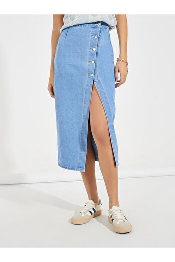 Styli Solid Denim Midi Skirt with High Slit & Button Detail