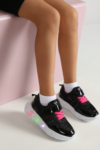 kids A more Valeria Glitter - Girl's Black Sports Shoes, Air Mesh and Vegan Leather, Lighted Sole