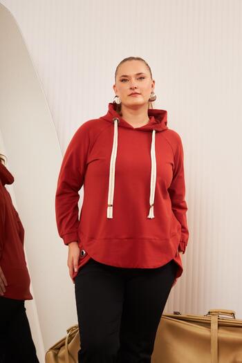 RMG Brick Color Large Size Decorated Lace up Cord Sweatshirt