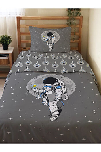 Evmila Astronot Desenli Çarşafsız 2'li Takım Baskılı Tek Kişilik Nevresim Takımı 160x220 cm Gri