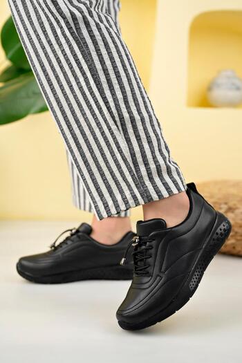 Aymood Black Skin Stretch Women's Stylish Daily Comfortable Orthopedic Pu Leather Non-Slip Sole Ballerina Shoes