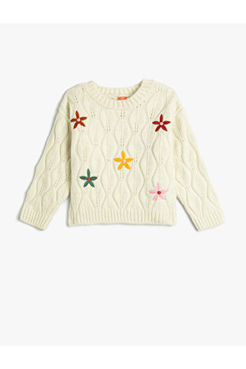 Koton Knitted Sweater Floral Embroidered Openwork Crew Neck